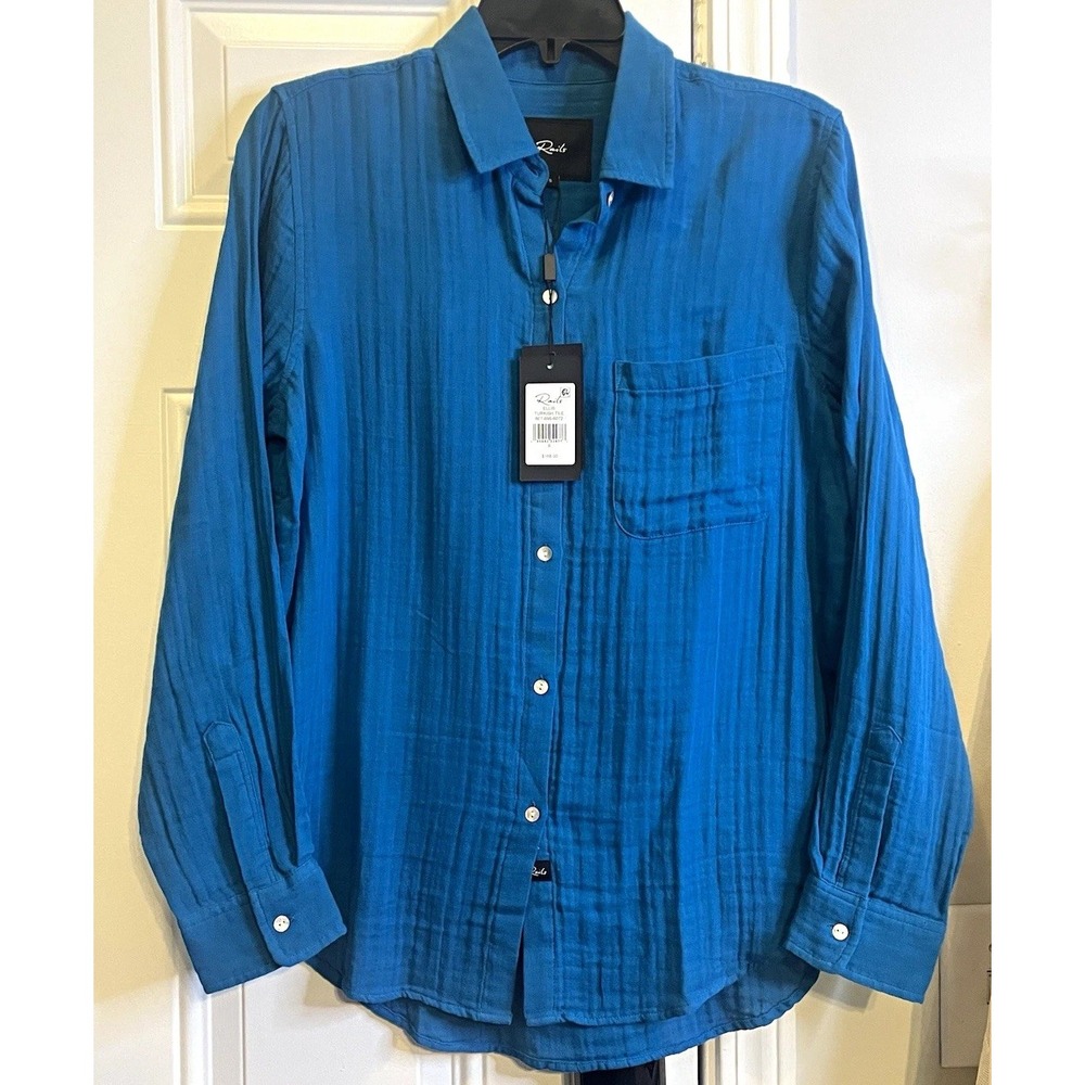 NWT Rails Ellis Organic Cotton Gauze Button Down Shirt Turkish Tile Blue Size S
